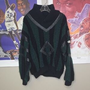 Vintage 80s My Way Men's Turtleneck Sweater in Black and Green